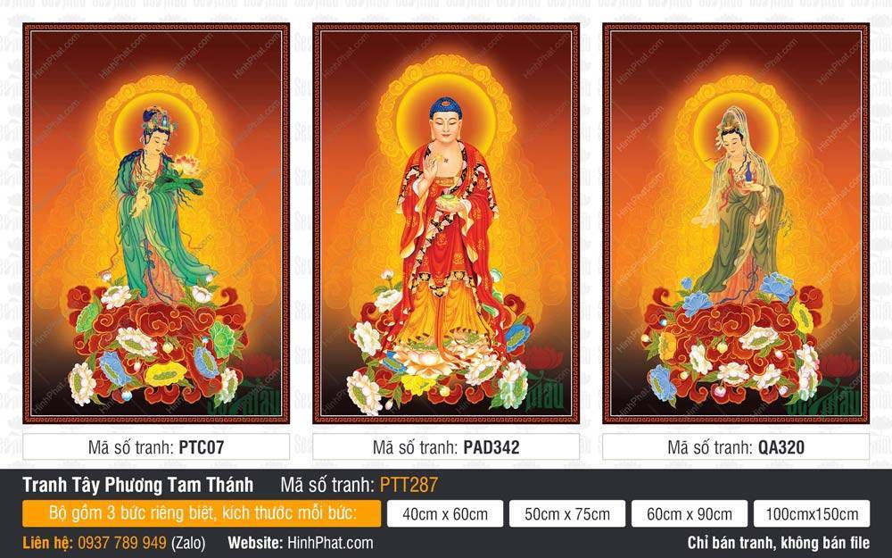 Hình Tây Phương Tam Thánh kích thước lớn PTT287 Hình Tây Phương Tam Thánh kích thước lớn PTT287 khắc họa ba Ngài đứng trên đài sen rực rỡ