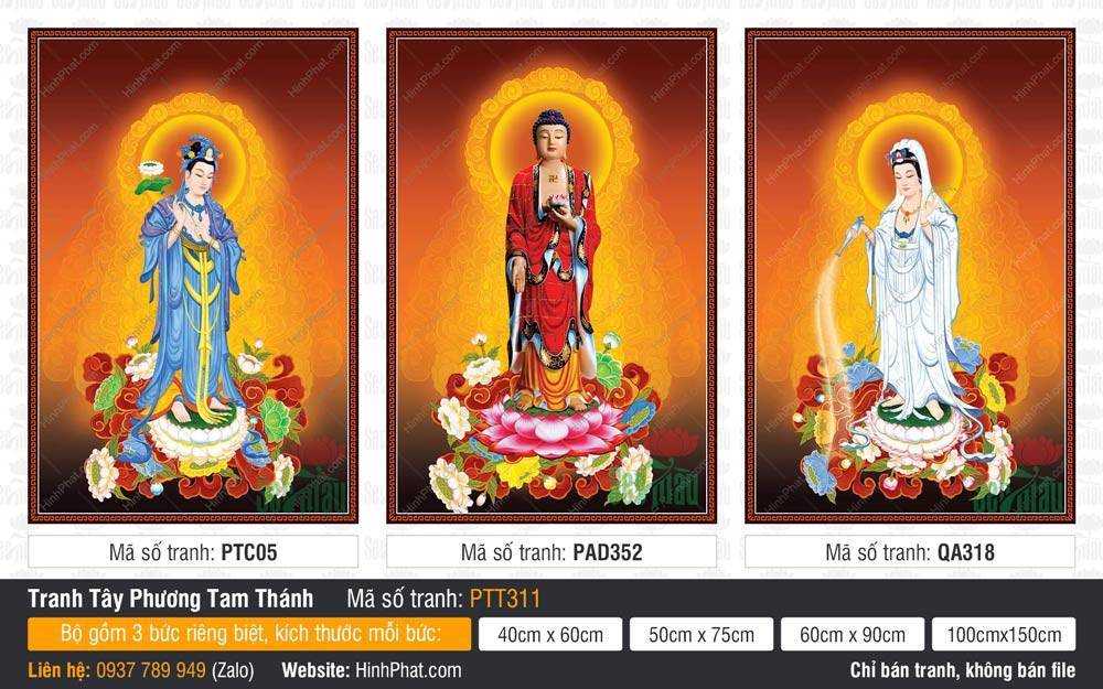 Hình Tây Phương Tam Thánh kích thước lớn PTT311 Hình Tây Phương Tam Thánh kích thước lớn PTT311 tả Phật y đỏ và hai Bồ Tát đứng sen