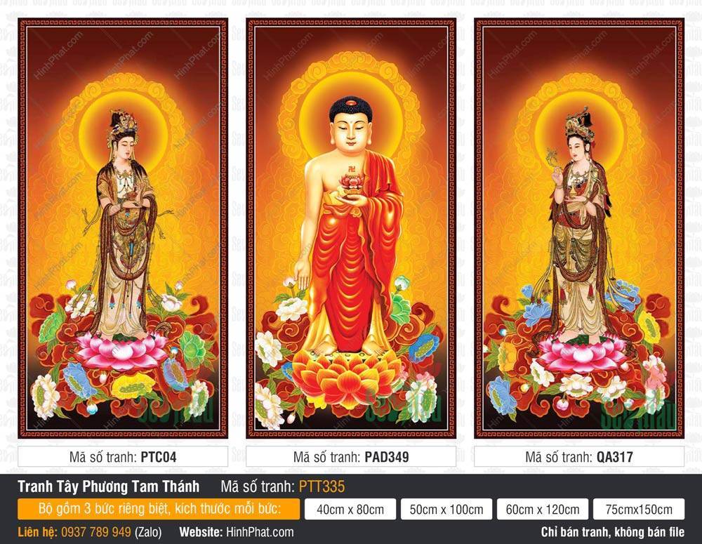 Hình Tây Phương Tam Thánh kích thước lớn PTT335 Hình Tây Phương Tam Thánh kích thước lớn PTT335 ba vị đứng trên đài sen hồng hào quang vàng rực rỡ