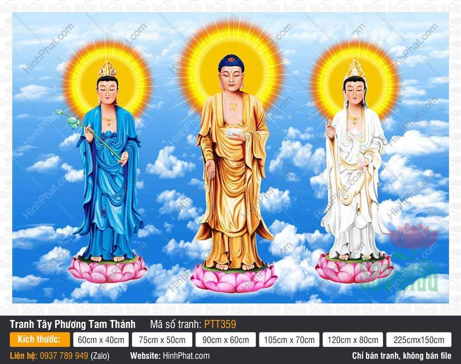 Hình Tây Phương Tam Thánh kích thước lớn PTT359 Hình Tây Phương Tam Thánh kích thước lớn PTT359, Ba Ngài đứng trên đài sen giữa trời mây