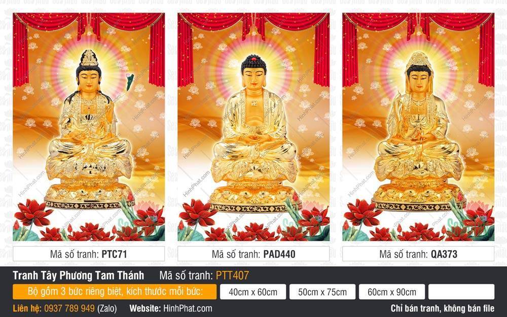 Hình Tây Phương Tam Thánh kích thước lớn PTT407 Hình Tây Phương Tam Thánh kích thước lớn PTT407 ba đức Phật tọa đài sen vàng rực rỡ