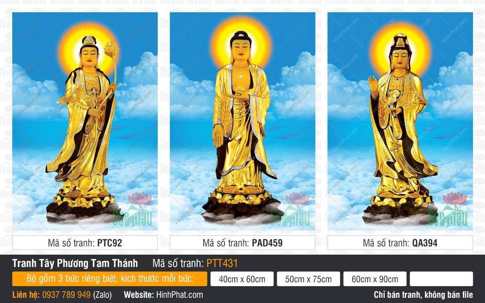 Hình Tây Phương Tam Thánh kích thước lớn PTT431 Hình Tây Phương Tam Thánh kích thước lớn PTT431 tượng vàng rực rỡ đứng trên đài sen giữa mây trời