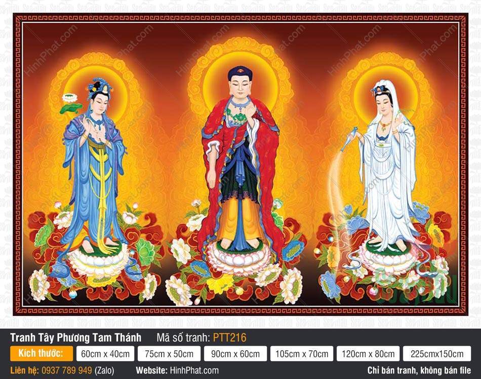 Hình Tây Phương Tam Thánh size Lớn PTT216 Hình Tây Phương Tam Thánh size Lớn PTT216 tả ba vị Phật đứng trên tòa sen hồng rực rỡ hào quang