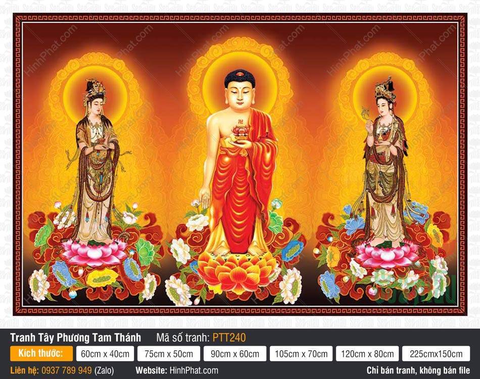 Hình Tây Phương Tam Thánh size Lớn PTT240 Hình Tây Phương Tam Thánh size Lớn PTT240 với Phật A Di Đà y đỏ và nhị vị Bồ Tát y nâu