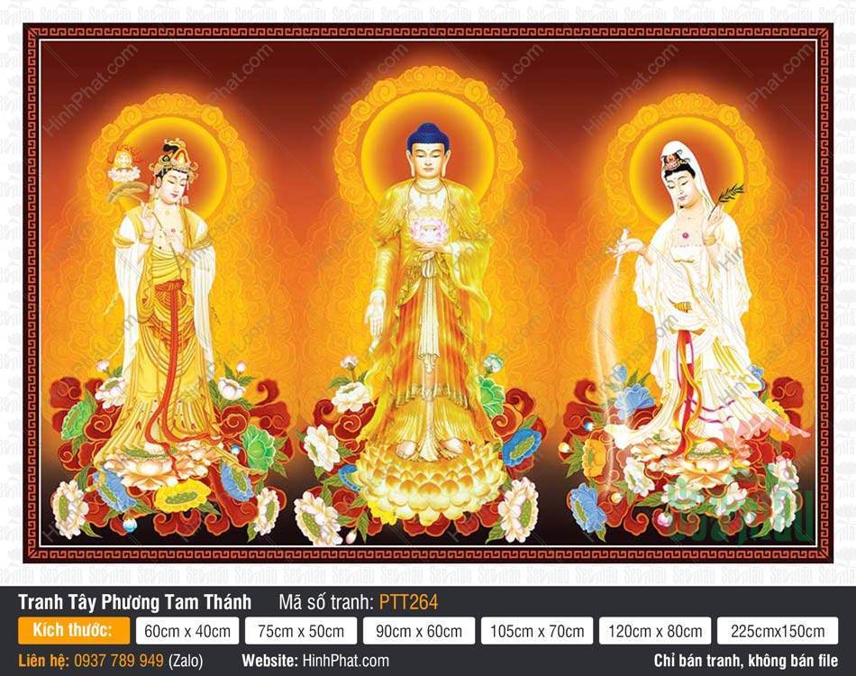 Hình Tây Phương Tam Thánh size Lớn PTT264 Hình Tây Phương Tam Thánh size Lớn PTT264 ba Ngài mặc y phục vàng trắng ngự đài sen
