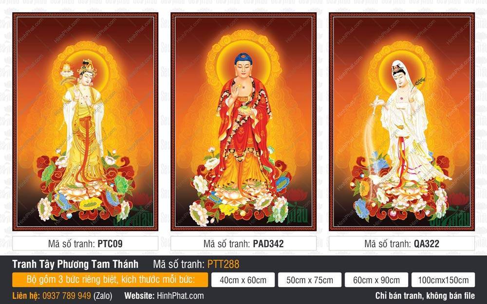 Hình Tây Phương Tam Thánh size Lớn PTT288 Hình Tây Phương Tam Thánh size Lớn PTT288 khắc họa ba vị đứng trang nghiêm trên tòa sen đa sắc