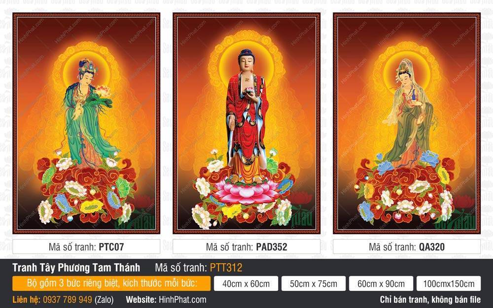 Hình Tây Phương Tam Thánh size Lớn PTT312 Hình Tây Phương Tam Thánh size Lớn PTT312 mô tả ba vị Phật đứng uy nghiêm trên tòa sen