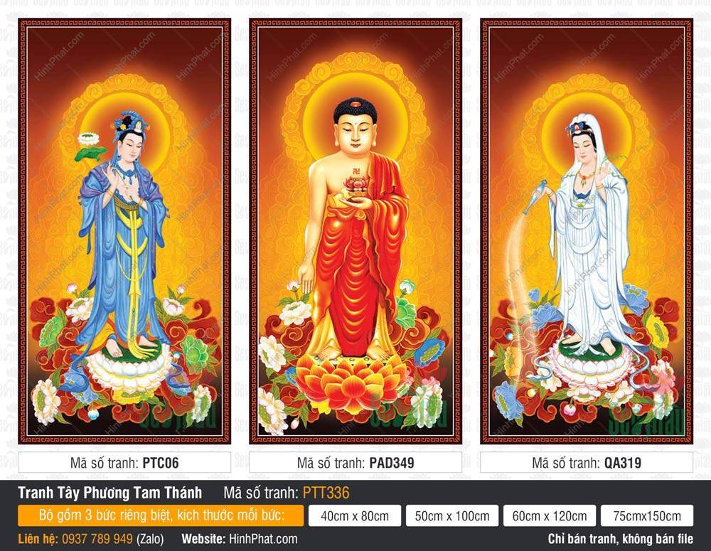 Hình Tây Phương Tam Thánh size Lớn PTT336 Hình Tây Phương Tam Thánh size Lớn PTT336 mô tả ba đức Phật Bồ Tát ngự tòa sen mây vàng