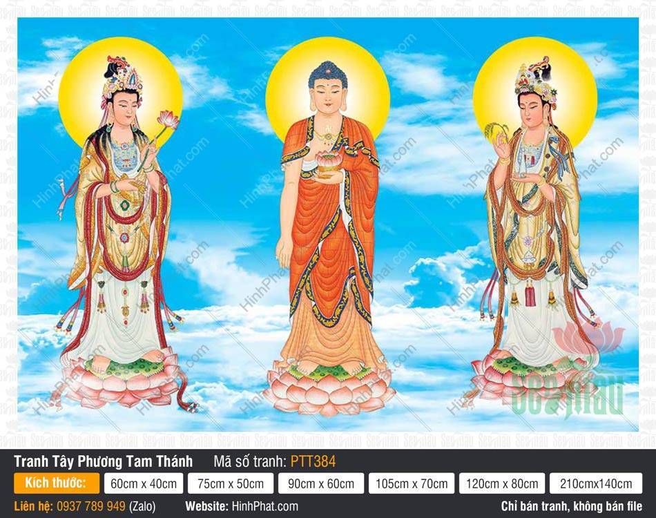 Hình Tây Phương Tam Thánh size Lớn PTT384 Hình Tây Phương Tam Thánh size Lớn PTT384 tả thực Ba Đức Phật ngự trên đài sen mây trắng