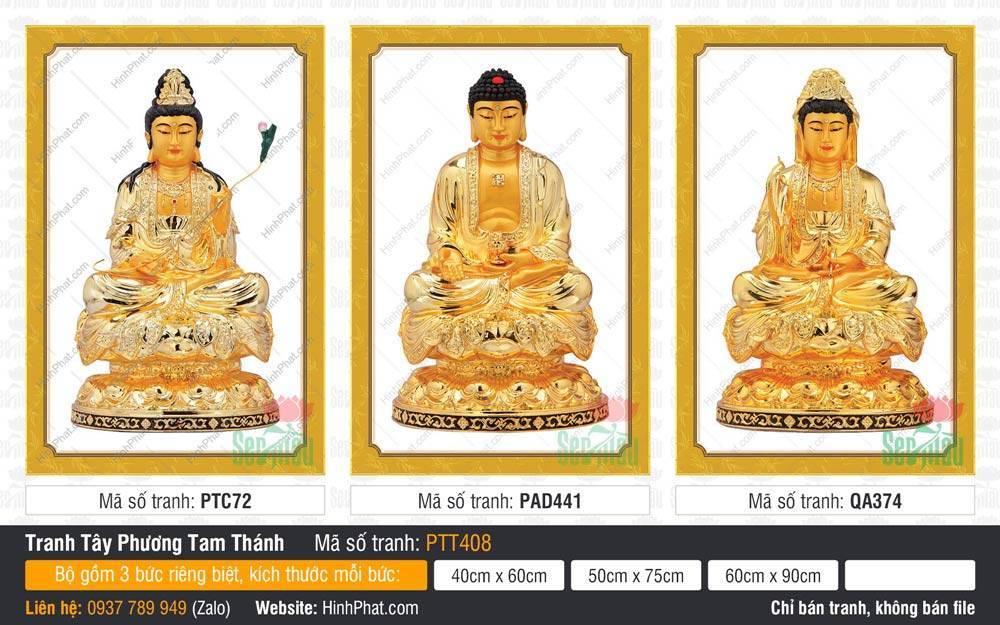 Hình Tây Phương Tam Thánh size Lớn PTT408 Hình Tây Phương Tam Thánh size Lớn PTT408 gồm ba tôn tượng vàng rực rỡ ngự đài sen