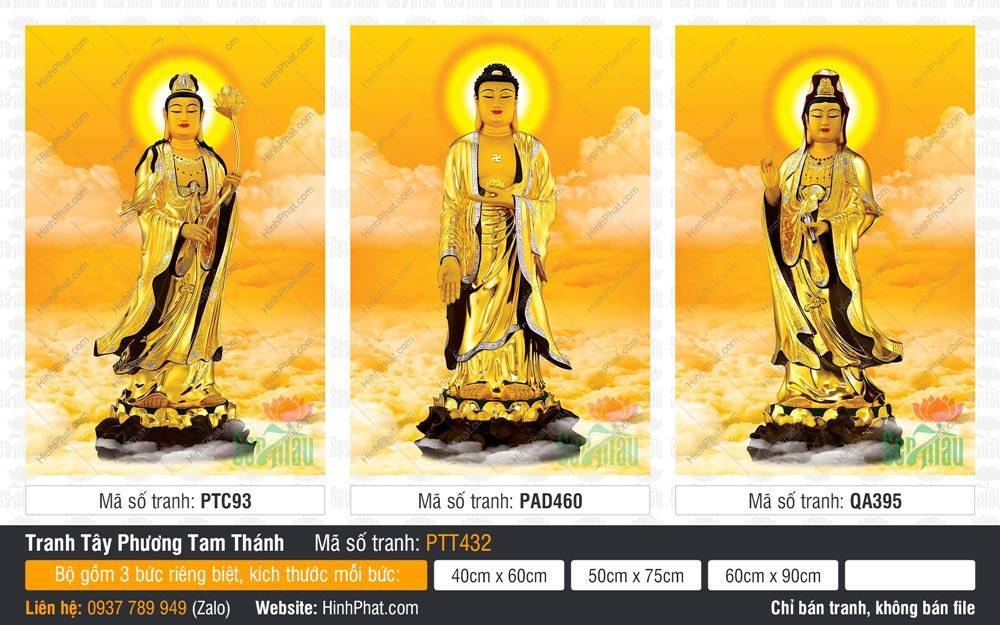 Hình Tây Phương Tam Thánh size Lớn PTT432 Hình Tây Phương Tam Thánh size Lớn PTT432 tôn tượng vàng đứng trên tòa sen đen giữa mây vàng