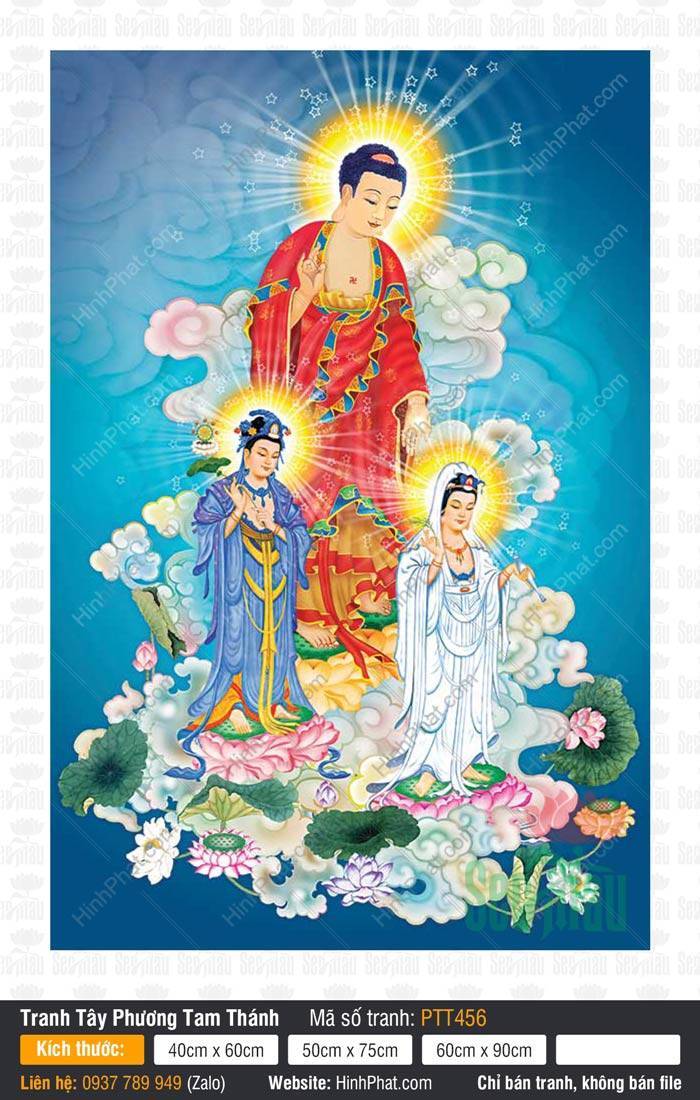 Hình Tây Phương Tam Thánh size Lớn PTT456 Hình Tây Phương Tam Thánh size Lớn PTT456 Đức Phật và Bồ Tát ngự mây trời xanh thẫm lấp lánh sao