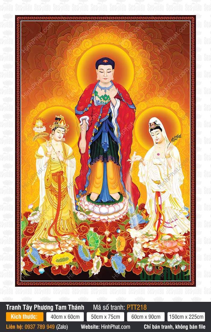 Tây Phương Tam Thánh Đẹp PTT218 Tây Phương Tam Thánh Đẹp PTT218 ba vị Phật Bồ Tát ngự trên đài sen hồng rực rỡ
