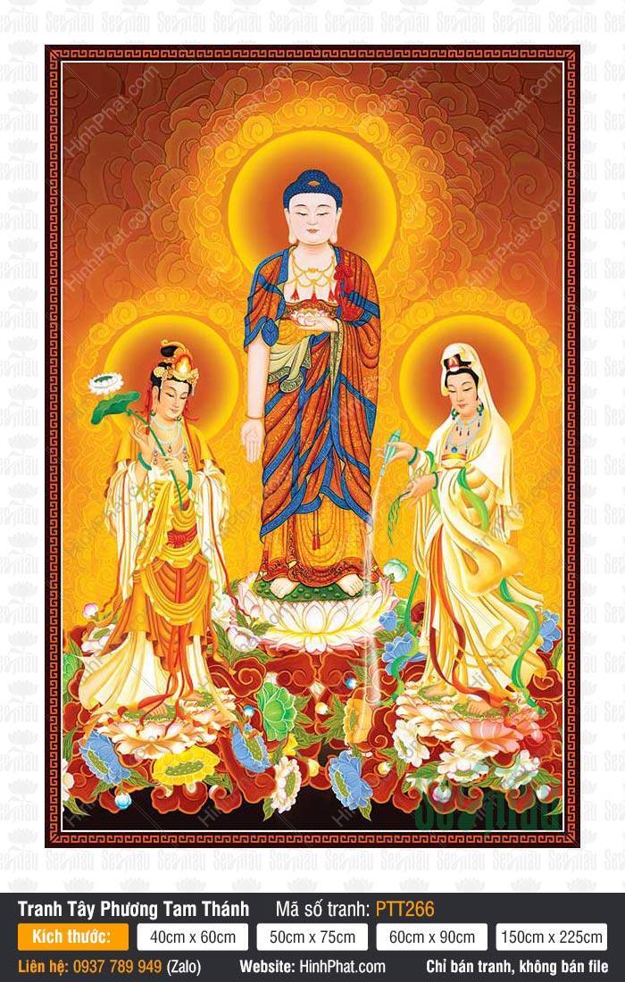 Tây Phương Tam Thánh Đẹp PTT266 Tây Phương Tam Thánh Đẹp PTT266 họa chi tiết Ba Ngài đứng trên tòa sen rực rỡ