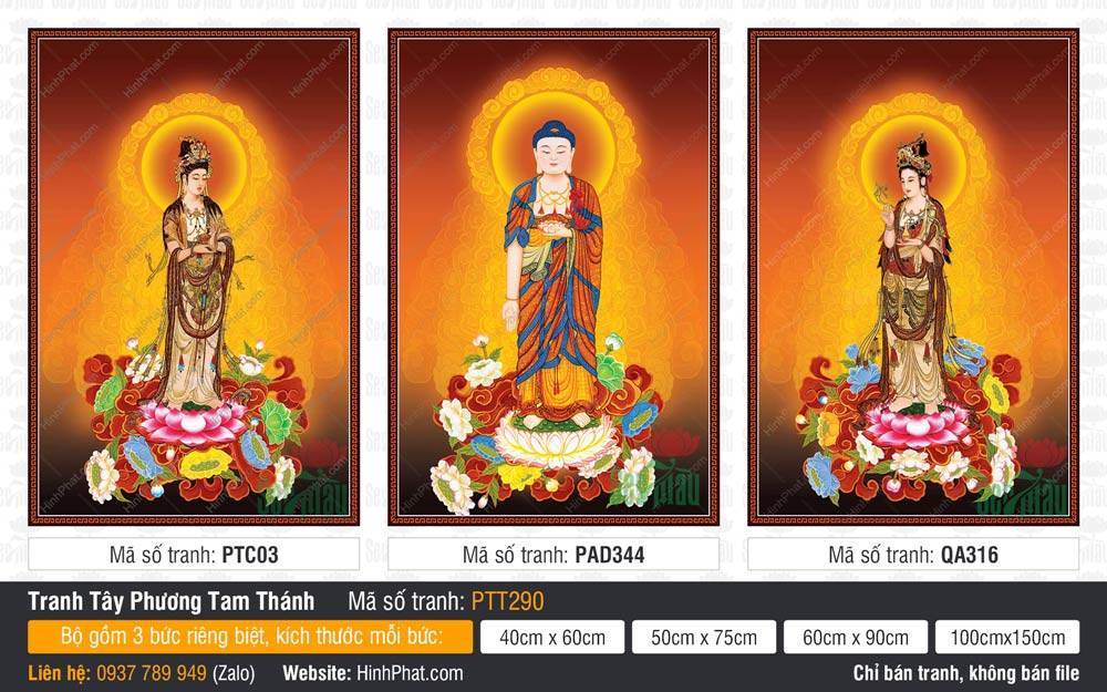 Tây Phương Tam Thánh Đẹp PTT290 Tây Phương Tam Thánh Đẹp PTT290 ba vị Phật và Bồ Tát đứng trên đài sen vàng