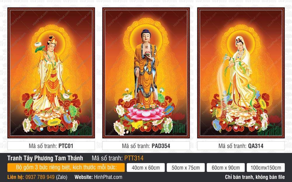 Tây Phương Tam Thánh Đẹp PTT314 Tây Phương Tam Thánh Đẹp PTT314 ba vị thánh đứng trên đài sen giữa hào quang