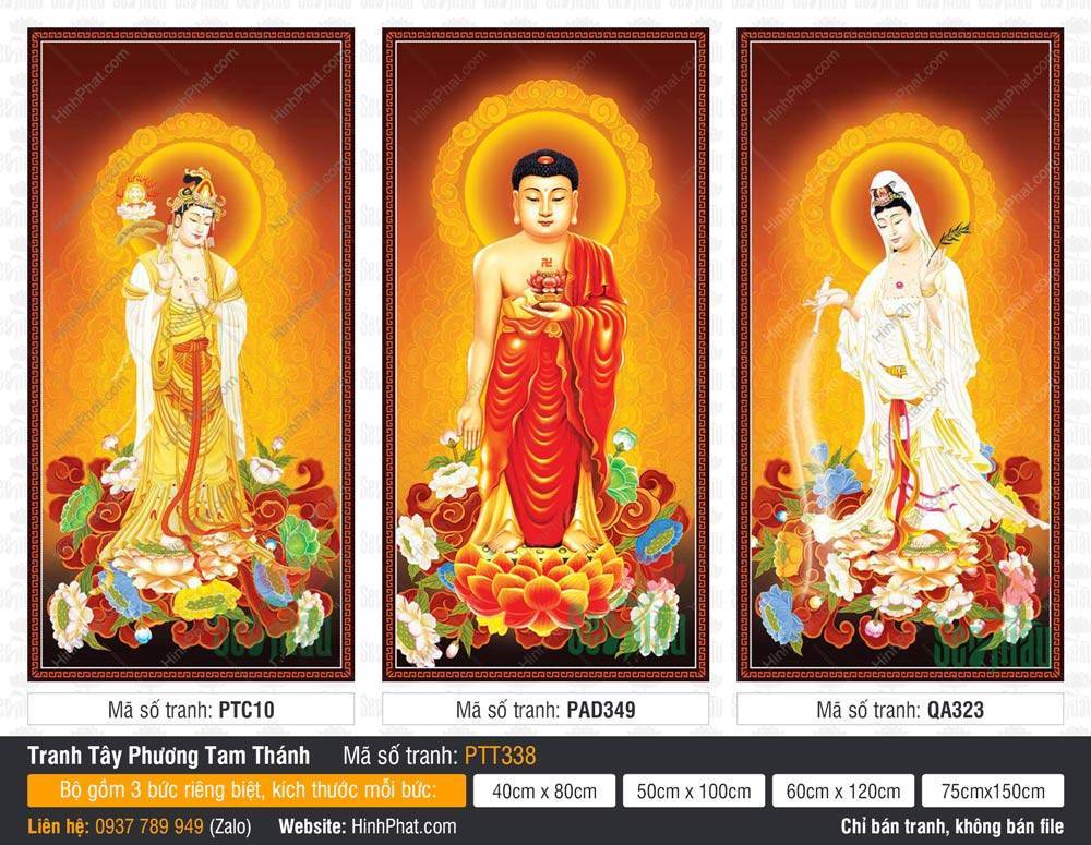 Tây Phương Tam Thánh Đẹp PTT338 Bộ tranh Tây Phương Tam Thánh Đẹp PTT338 gồm ba vị đứng trên đài sen hào quang rực rỡ