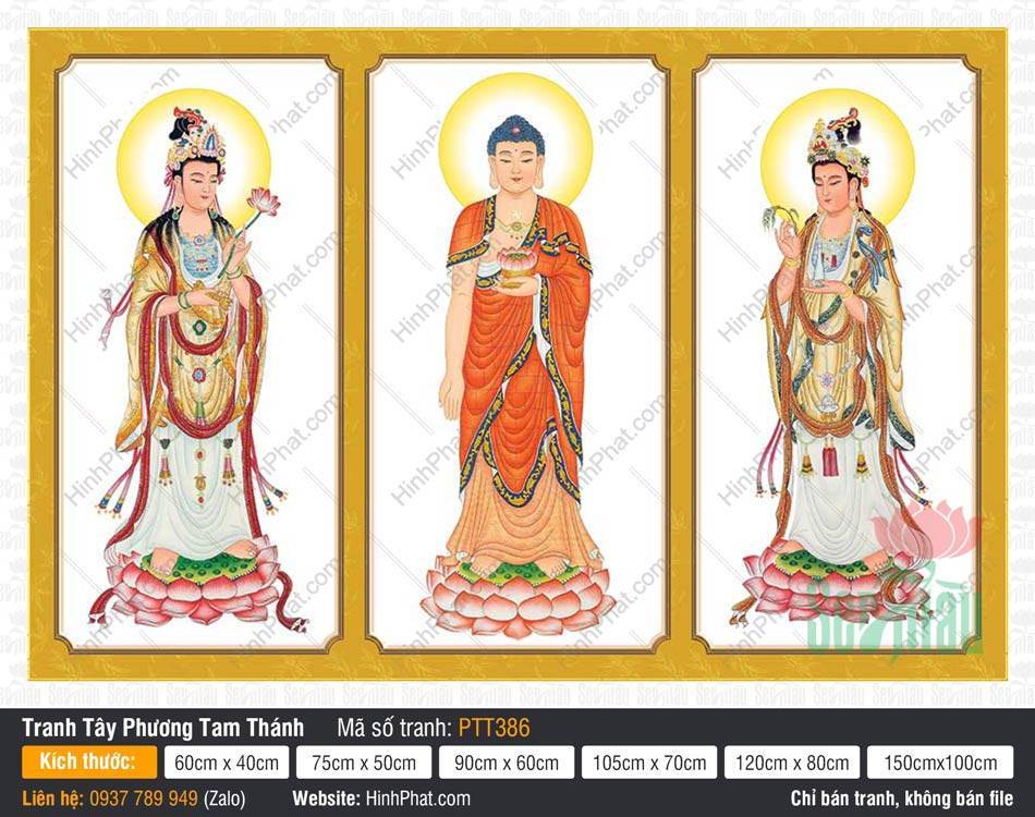 Tây Phương Tam Thánh Đẹp PTT386 Tây Phương Tam Thánh Đẹp PTT386 ba vị Phật đứng trên đài sen có viền khung vàng