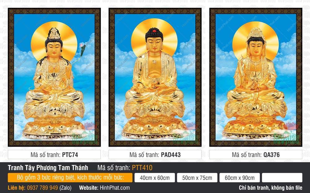 Tây Phương Tam Thánh Đẹp PTT410 Tây Phương Tam Thánh Đẹp PTT410 ba đức Phật tọa đài sen vàng kim nền trời xanh mây trắng