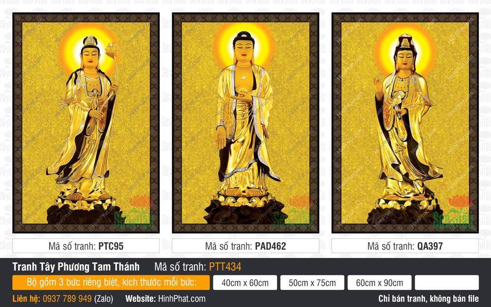 Tây Phương Tam Thánh Đẹp PTT434 Tây Phương Tam Thánh Đẹp PTT434 tôn tượng vàng rực rỡ đứng trên đài sen tối màu nền gấm vàng