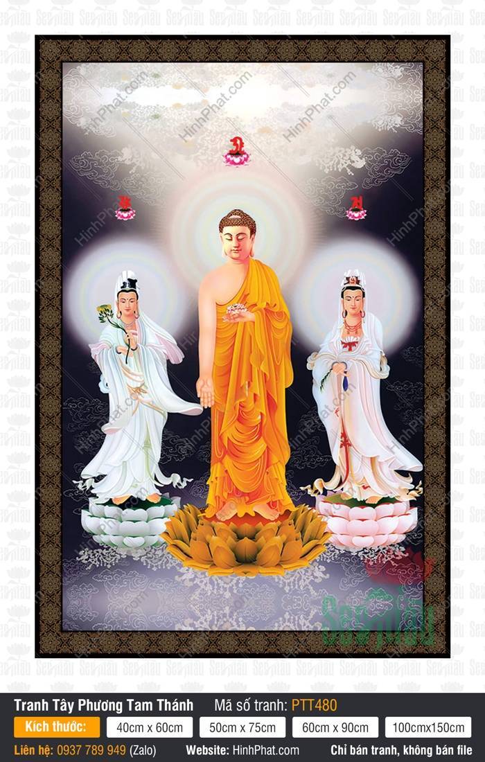 Tây Phương Tam Thánh Đẹp PTT480 Tây Phương Tam Thánh Đẹp PTT480 khắc họa tôn tượng đứng trên đài sen đa sắc nền tối