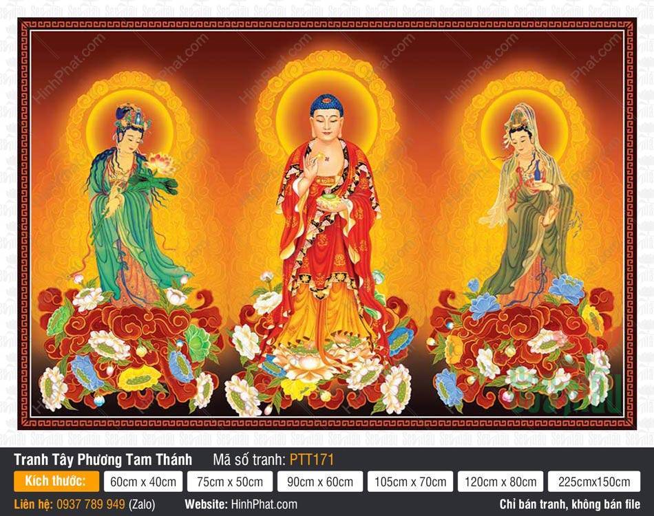 Tây Phương Tam Thánh Khổ Lớn PTT171 Tây Phương Tam Thánh Khổ Lớn PTT171 ba vị đứng trên đài sen nền vàng cam rực rỡ