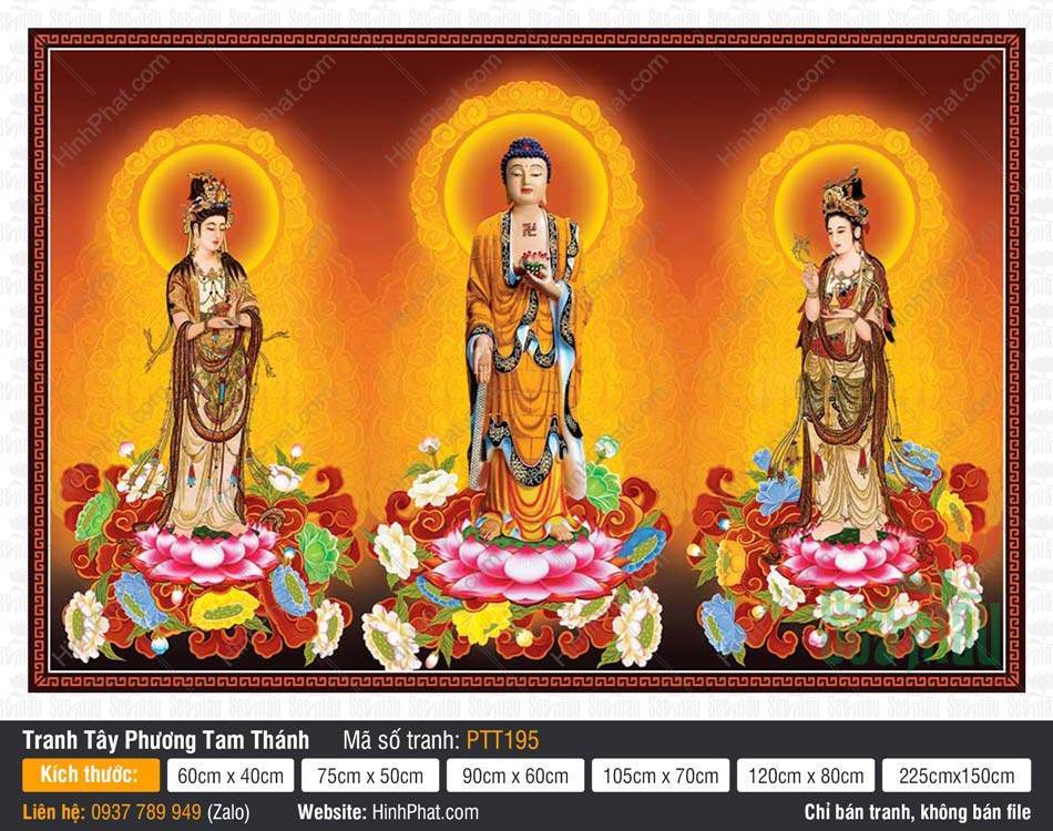 Tây Phương Tam Thánh Khổ Lớn PTT195 Tây Phương Tam Thánh Khổ Lớn PTT195 với Đức Phật A Di Đà mặc y vàng nâu đứng giữa