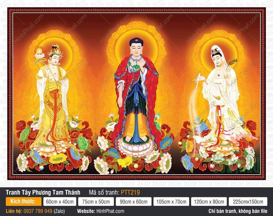 Tây Phương Tam Thánh Khổ Lớn PTT219 Tây Phương Tam Thánh Khổ Lớn PTT219 mô tả ba vị Phật đứng uy nghiêm trên tòa sen hồng rực rỡ