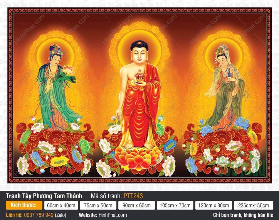 Tây Phương Tam Thánh Khổ Lớn PTT243 Tây Phương Tam Thánh Khổ Lớn PTT243 đứng trên tòa sen tỏa hào quang vàng rực rỡ sắc màu