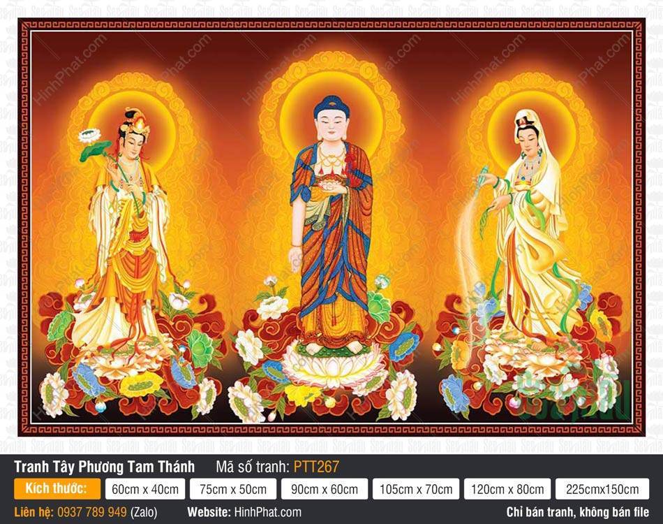 Tây Phương Tam Thánh Khổ Lớn PTT267 Tây Phương Tam Thánh Khổ Lớn PTT267 ba Đức Phật đứng đài sen y phục xanh đỏ