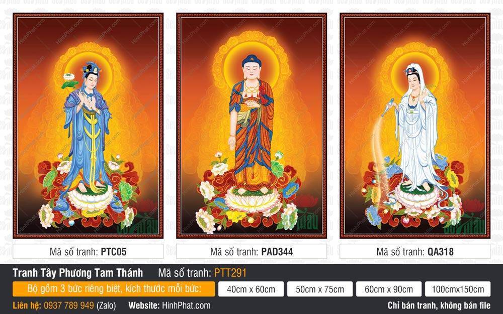 Tây Phương Tam Thánh Khổ Lớn PTT291 Tây Phương Tam Thánh Khổ Lớn PTT291 ngự đài sen với y phục đỏ xanh trắng