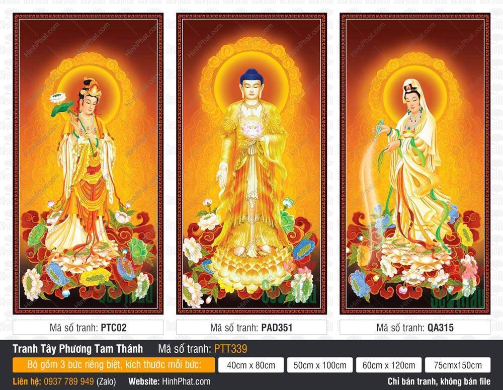 Tây Phương Tam Thánh Khổ Lớn PTT339 Tây Phương Tam Thánh Khổ Lớn PTT339 mô tả ba vị Phật đứng đài sen vàng tỏa hào quang