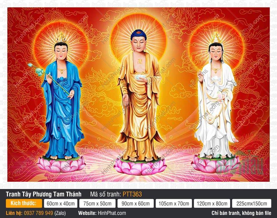 Tây Phương Tam Thánh Khổ Lớn PTT363 Tây Phương Tam Thánh Khổ Lớn PTT363 ba Đức Phật đứng trên đài sen hào quang rực rỡ