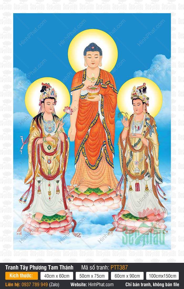 Tây Phương Tam Thánh Khổ Lớn PTT387 Tây Phương Tam Thánh Khổ Lớn PTT387 với Ba Đức Phật đứng trên đài sen hồng giữa mây trắng