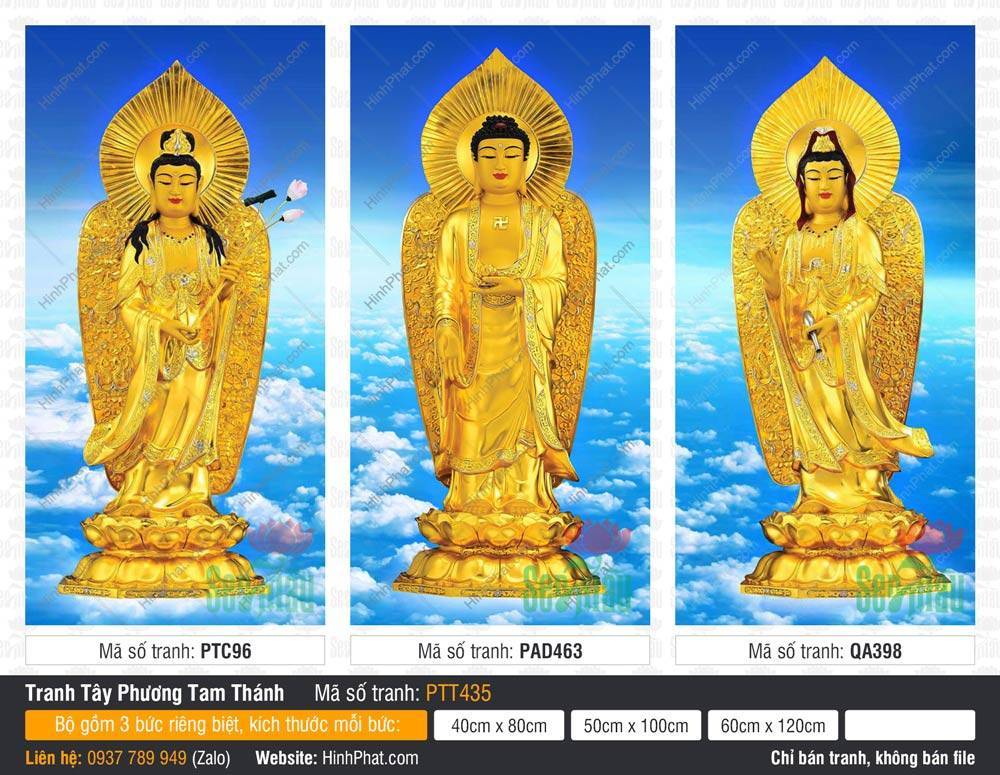 Tây Phương Tam Thánh Khổ Lớn PTT435 Tây Phương Tam Thánh Khổ Lớn PTT435 tôn tượng nhũ vàng đứng trên đài sen nền trời xanh