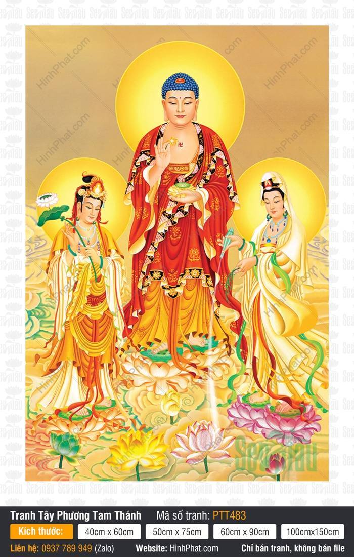 Tây Phương Tam Thánh Khổ Lớn PTT483 Tây Phương Tam Thánh PTT483 khắc họa ba Ngài đứng trên đài sen giữa ánh hào quang