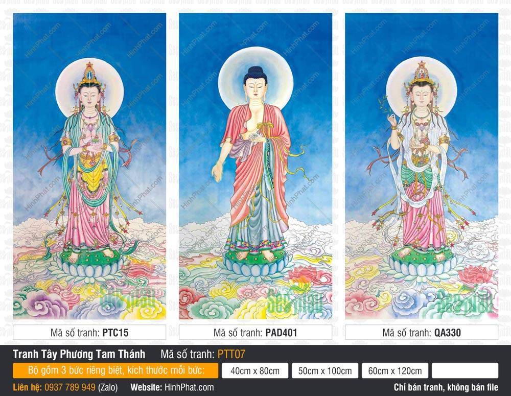 Tây Phương Tam Thánh PTT07 Tây Phương Tam Thánh PTT07 khắc họa Đức Phật và hai vị Bồ Tát đứng trên tòa sen nền xanh