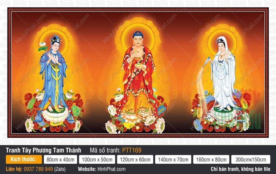 Tây Phương Tam Thánh PTT169 Tây Phương Tam Thánh PTT169 mô tả ba vị Phật đứng uy nghiêm trên đài sen rực rỡ