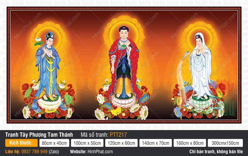 Tây Phương Tam Thánh PTT217 Tây Phương Tam Thánh PTT217 khắc họa Phật A Di Đà mặc y đỏ cùng hai vị Bồ Tát ngự sen