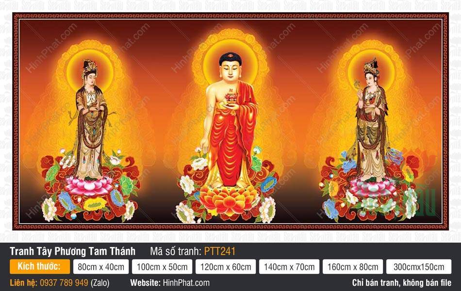 Tây Phương Tam Thánh PTT241 Tranh Tây Phương Tam Thánh PTT241 phác họa ba Đức Phật đứng trang nghiêm trên đài sen hồng rực rỡ.