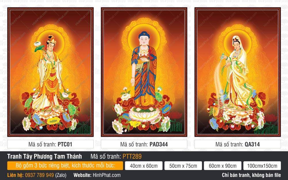 Tây Phương Tam Thánh PTT289 Tây Phương Tam Thánh PTT289 mô tả ba vị đứng trên tòa sen trắng rực rỡ