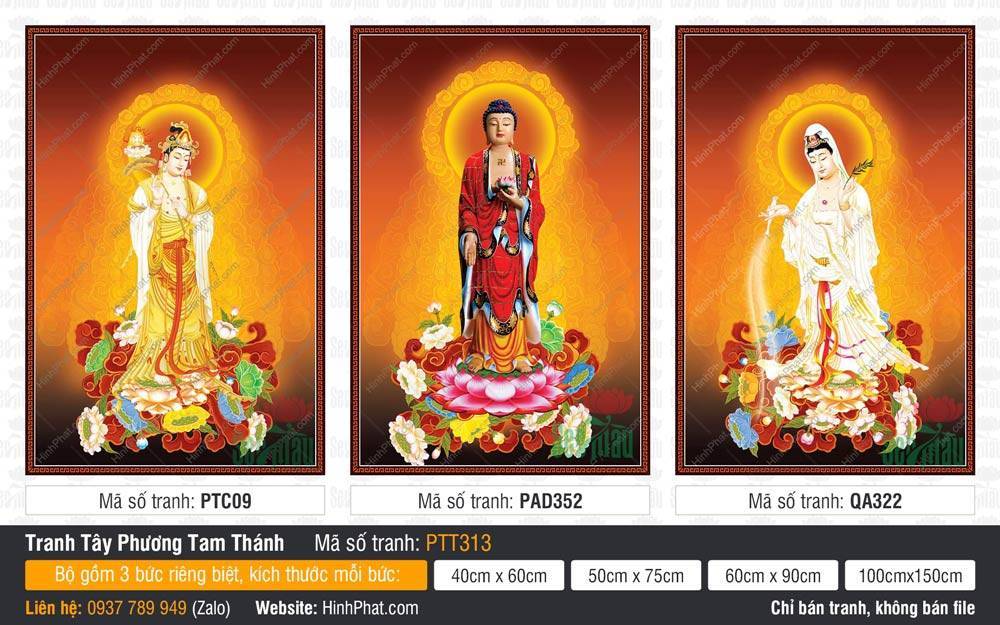 Tây Phương Tam Thánh PTT313 Tây Phương Tam Thánh PTT313 mô phỏng ba đức Phật đứng trên tòa sen giữa hào quang cam