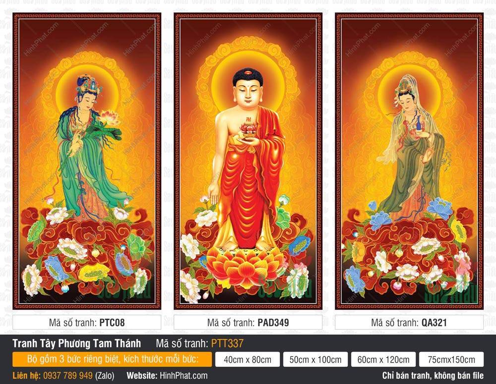 Tây Phương Tam Thánh PTT337 Hình Tây Phương Tam Thánh PTT337 với Đức Phật A Di Đà và hai vị Bồ Tát ngự đài sen