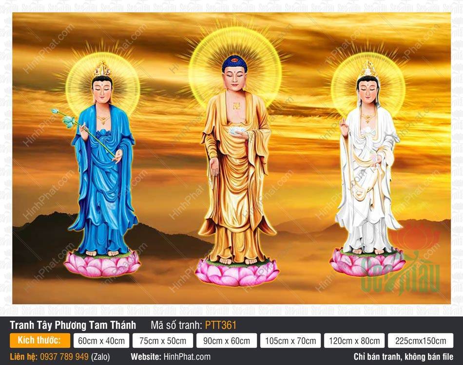 Tây Phương Tam Thánh PTT361 Tây Phương Tam Thánh PTT361 tả ba Đức Phật đứng đài sen giữa hào quang vàng.