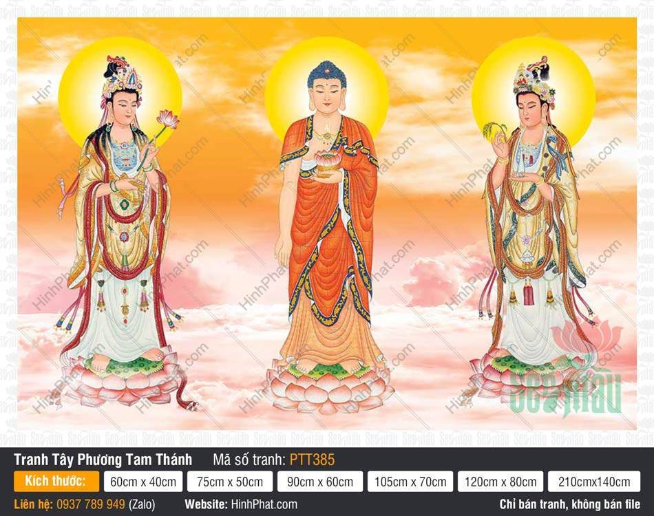 Tây Phương Tam Thánh PTT385 Tây Phương Tam Thánh PTT385 Phật A Di Đà y đỏ và hai vị Bồ Tát đứng trên tòa sen