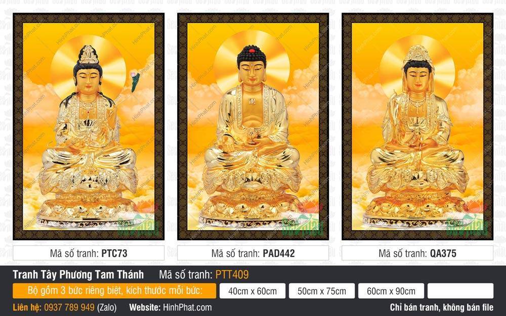 Tây Phương Tam Thánh PTT409 Bộ Tây Phương Tam Thánh PTT409 gồm ba tôn tượng vàng rực rỡ tọa thiền