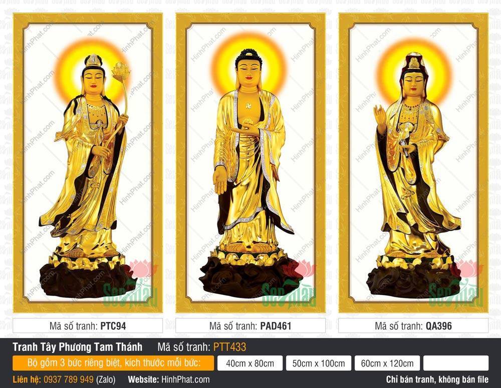Tây Phương Tam Thánh PTT433 Tây Phương Tam Thánh PTT433 họa ba vị đứng trên đài sen đồng nền trắng