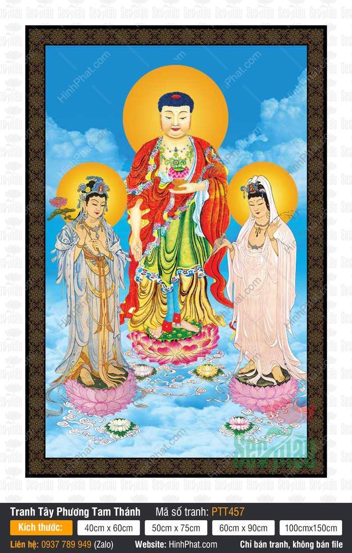Tây Phương Tam Thánh PTT457 Tây Phương Tam Thánh PTT457 với Đức Phật A Di Đà mặc y đỏ cầm hoa sen hồng