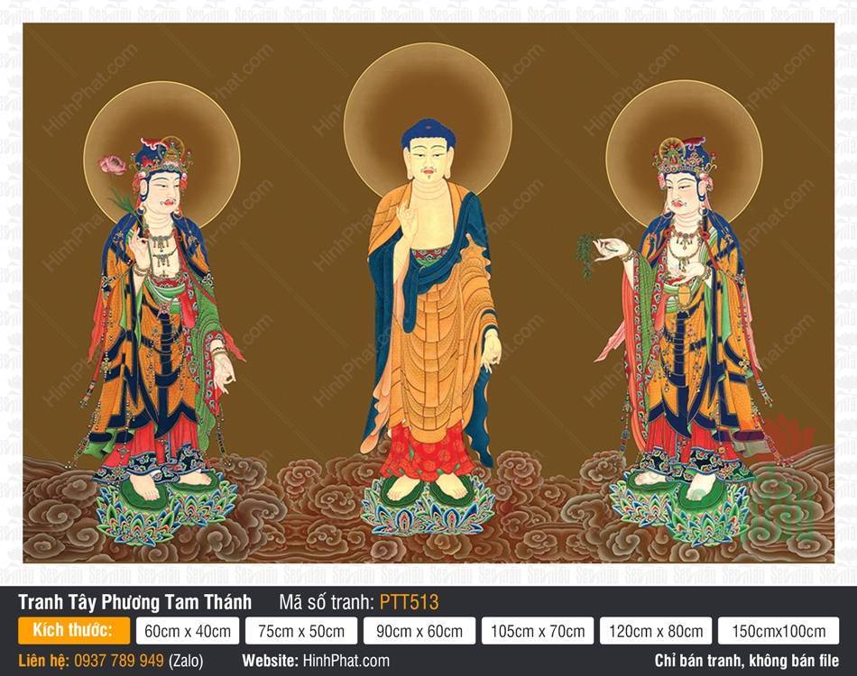Tây Phương Tam Thánh PTT513 Tây Phương Tam Thánh PTT513 ba vị Phật đứng trên đài sen giữa nền mây nâu trầm cổ điển