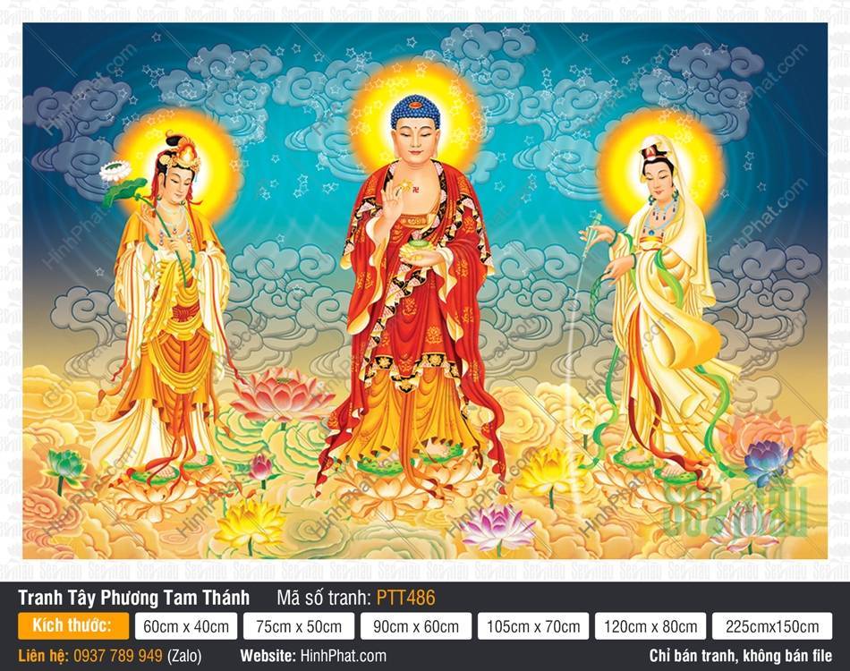 Tây Phương Tam Thánh Size Lớn PTT486 Tây Phương Tam Thánh PTT486 với ba vị Phật đứng trên đài sen giữa mây trời xanh rực rỡ